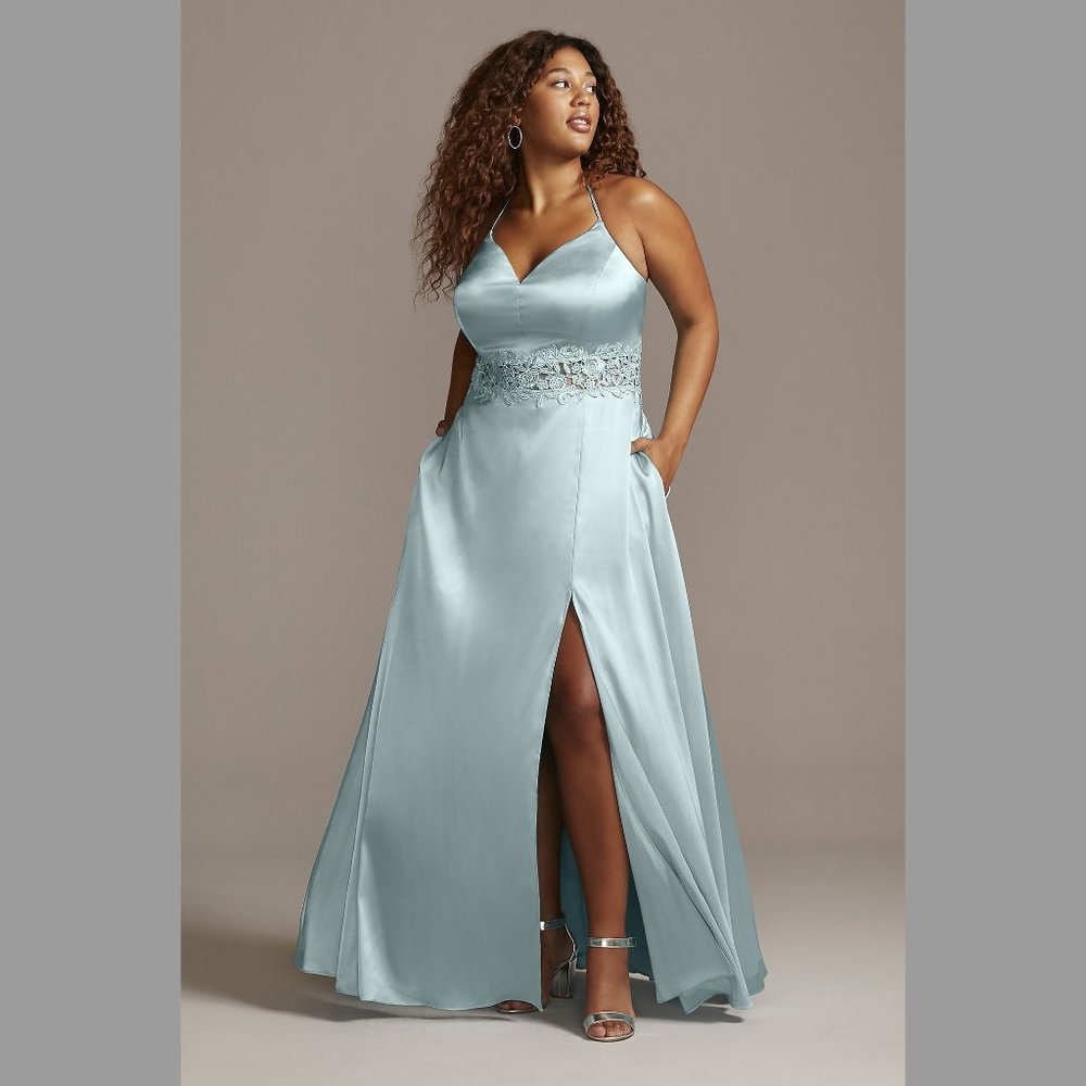 Sz 23 Jr City Triangles Light Turquoise Stretch Satin Gown with Crystals Lace